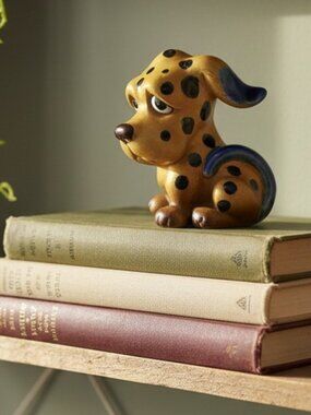 Small Ceramic Brown Spotted Dog with Blue Ears and Tail